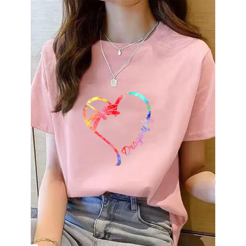 T-shirt libéllule de couleur rose avec impression cœur coloré et libellule
