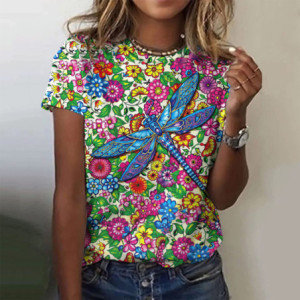 T-shirt libéllule avec impression florale colorée et grande libéllule bleue
