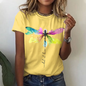 T-shirt jaune clair avec impression libéllule colorée "Let it Be"