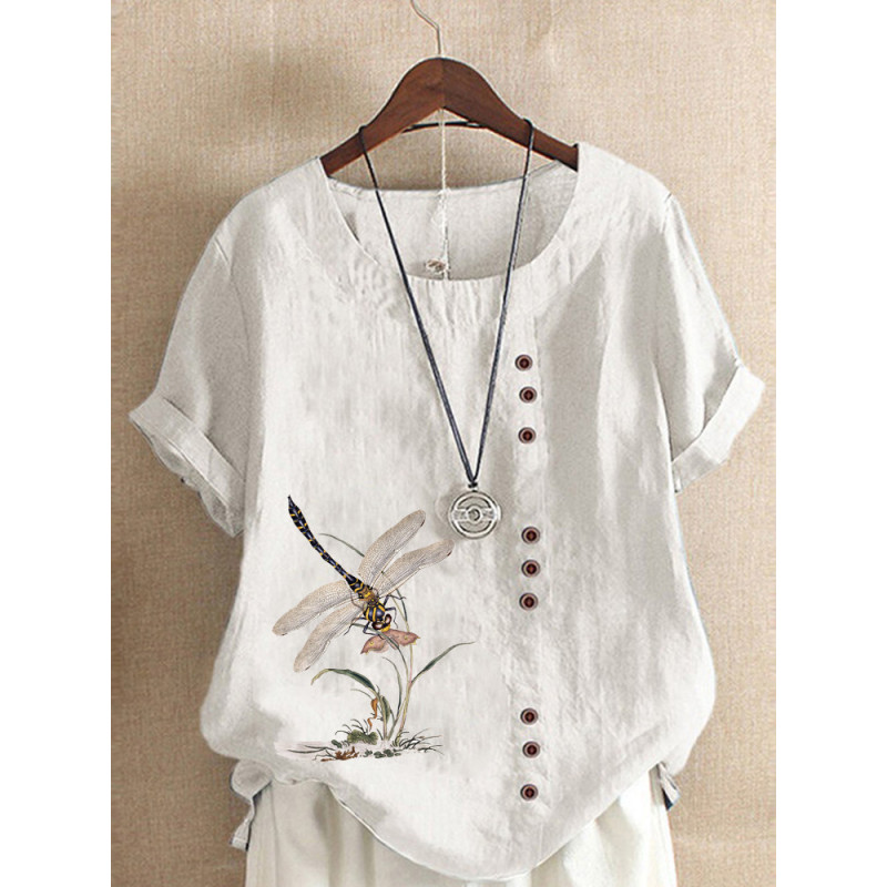 Grand T-shirt libéllule avec grandes libéllules tunique en coton et lin couleur Blanc
