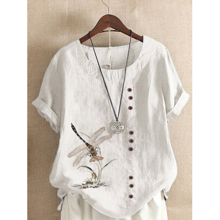 Grand T-shirt libéllule avec grandes libéllules tunique en coton et lin couleur Blanc