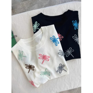 T-shirt libéllule arc-en-ciel pour femmes, col rond crochet - 2 couleurs disponibles