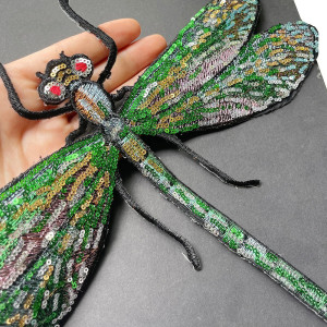 Grand patch libéllule verte à Paillettes thermocollant