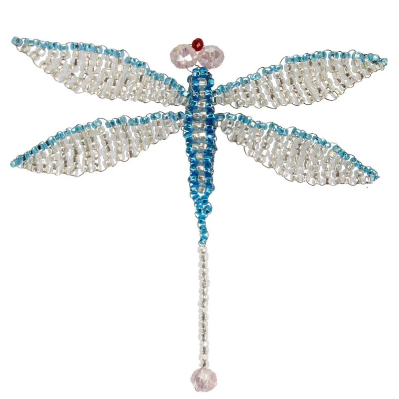 Patch libéllule en strass à coudre - Tissé à la main bleu-blanc - 8cm x 7.4cm