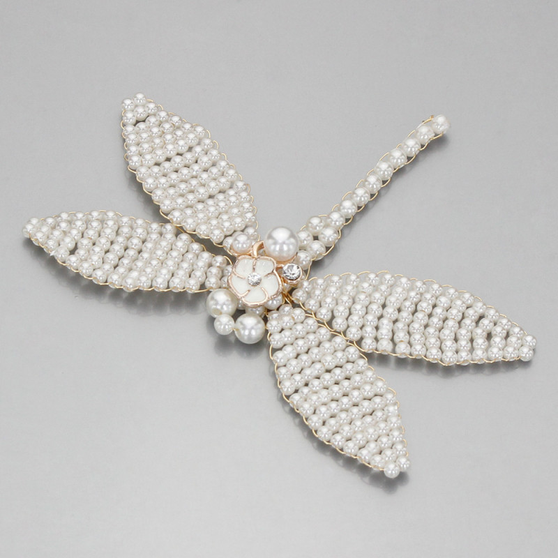 Patch à coudre libéllule en sequins blancs - Tissé à la main - 8cm x 7.4cm