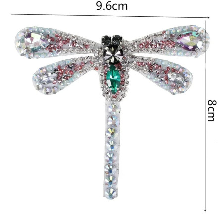 Dimensions Patch à coudre libellule en strass blancs - 9.6cm x 8cm