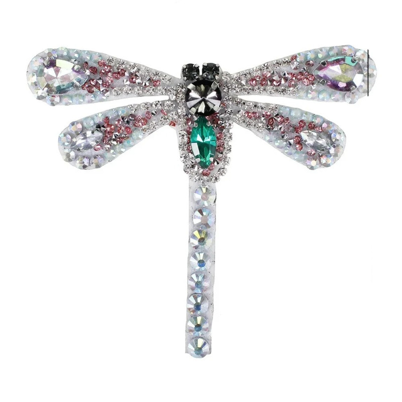 Patch à coudre libellule en strass blancs - 9.6cm x 8cm