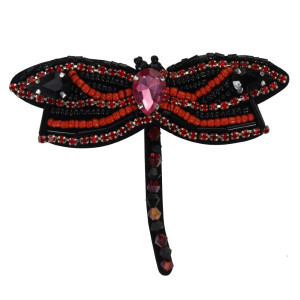 Patch à coudre libellule en strass rouge-noir - 8.5cm x 6.5cm