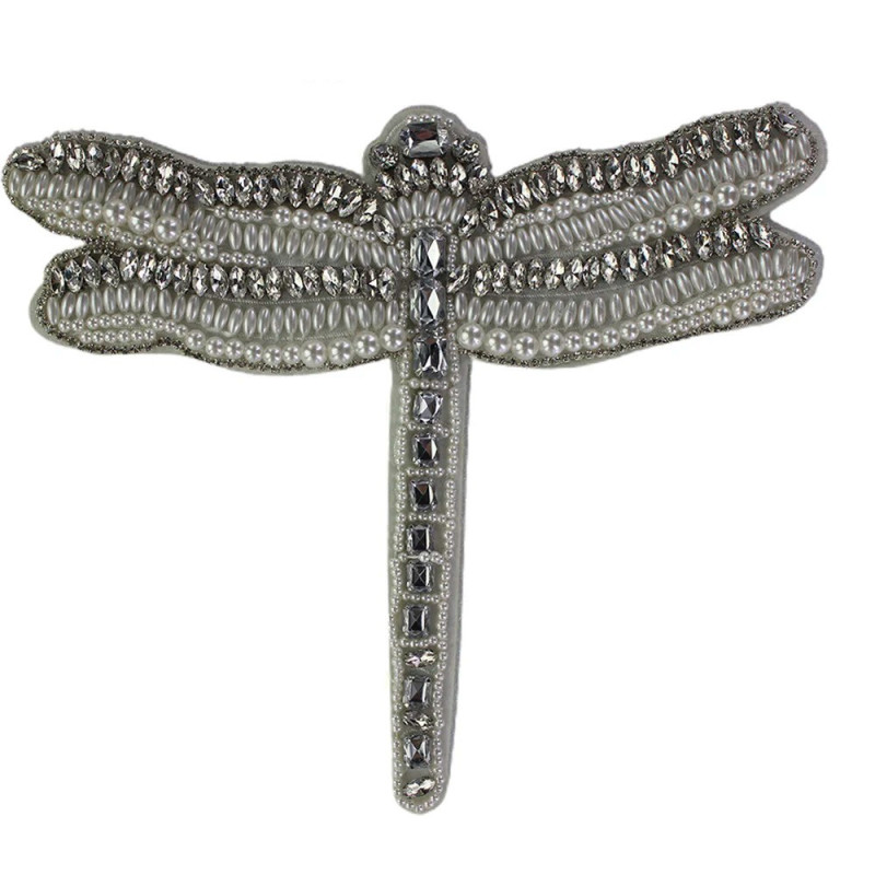 Grand patch à coudre libellule en strass argentés - 23.7cm x 20.7cm