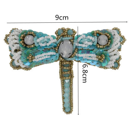 Dimensions Patch à coudre libellule en strass bleu ciel - 9cm x 6.8cm