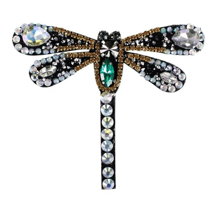 Patch à coudre libellule en cristal noir - 9.6cm x 8cm