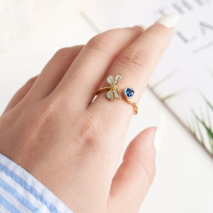 Vue Portée Bague Libéllule avec petit Coeur en Argent Sterling 925 véritable Couleur Or