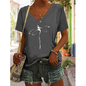 T-shirt avec impression libéllule Col V Couleur Gris