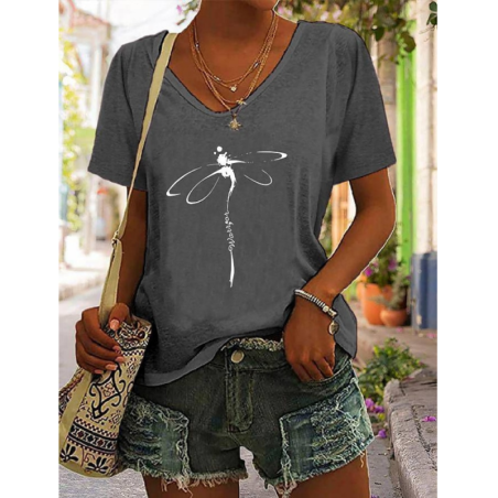 T-shirt avec impression libéllule Col V Couleur Gris