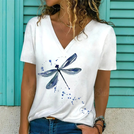 T-shirt blanc avec impression grande libellule violette pour femmes, col V