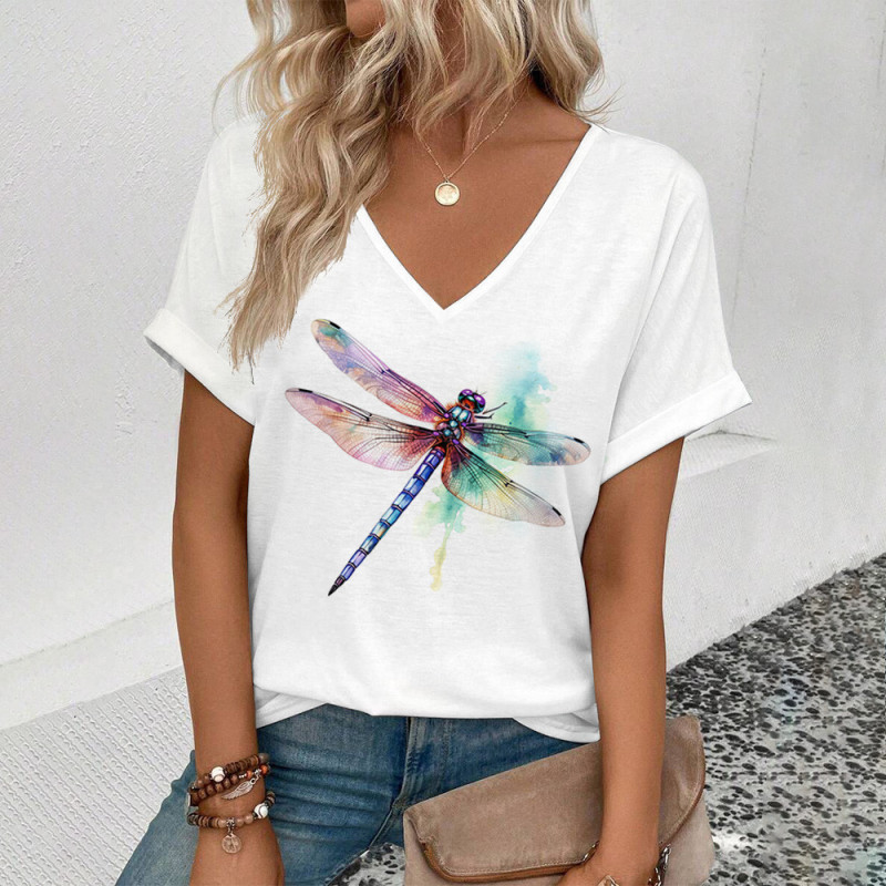 T-shirt avec grande libéllule multicolore avec Col V
