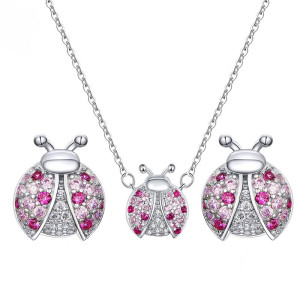 Vue générale Ensemble Collier Coccinelle et Boucles d'Oreilles Coccinelle en Argent Sterling 925