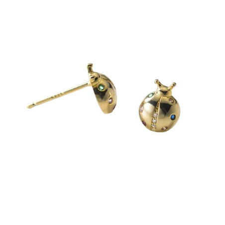 Vue de côté Boucles d'Oreilles Coccinelle Argent Sterling 925 et Petites Pierres de Coleur
