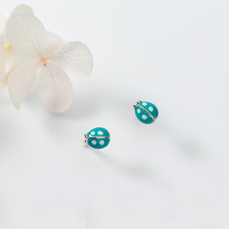 Boucles d'Oreilles Coccinelle de couleur Verte en Argent Sterling 925