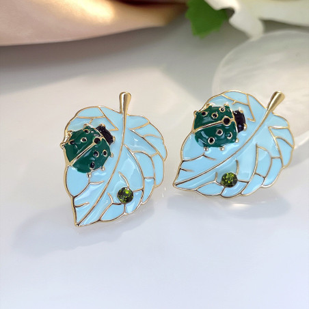 Boucles d'Oreilles Coccinelle et Feuille couleur Bleu