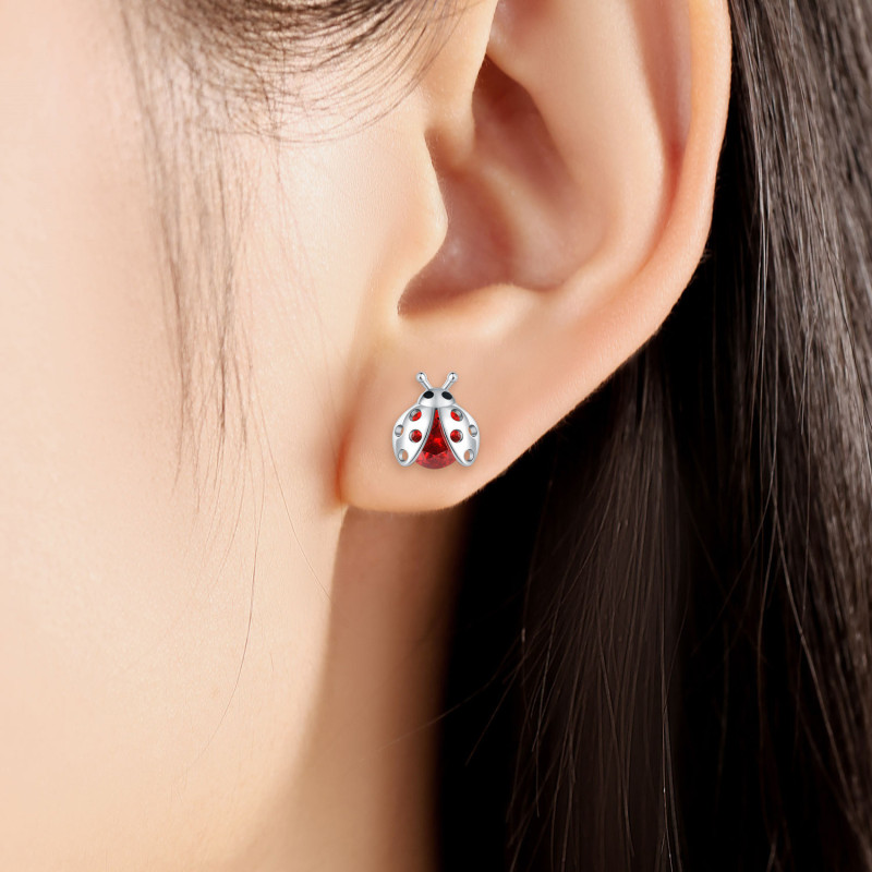 Vue Portée Boucles d'Oreilles Coccinelle et étoile Strass - en Argent Sterling 925