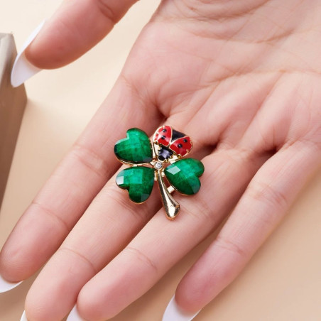 Magnifique Broche Coccinelle Trèfle Porte-Bonheur