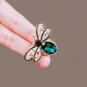 Vue générale Broche Libellule éclats de Cristal Vert et Or