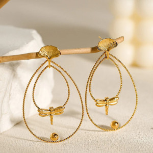 Magnifiques Boucles d'oreilles Libéllule Design Créateur en acier inoxydable plaqué or