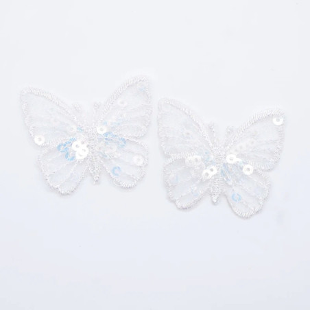 Écussons Papillon à coudre Aile de Papillon Maille et Paillettes couleur Blanc