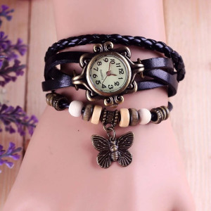 Montre Papillon Vintage Quartz avec Bracelet en Cuir couleur Noir