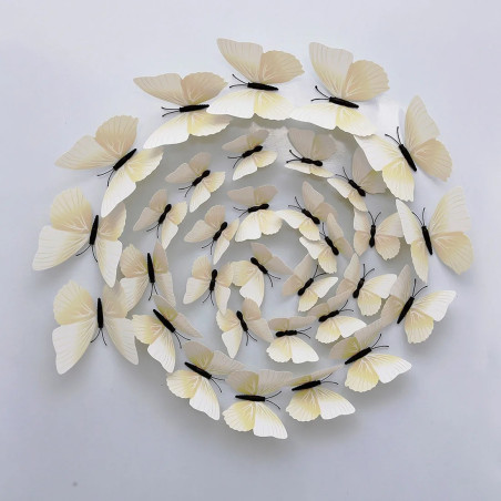 Lot de 12 pièces d'Autocollant Mural Papillon 3D -Beige