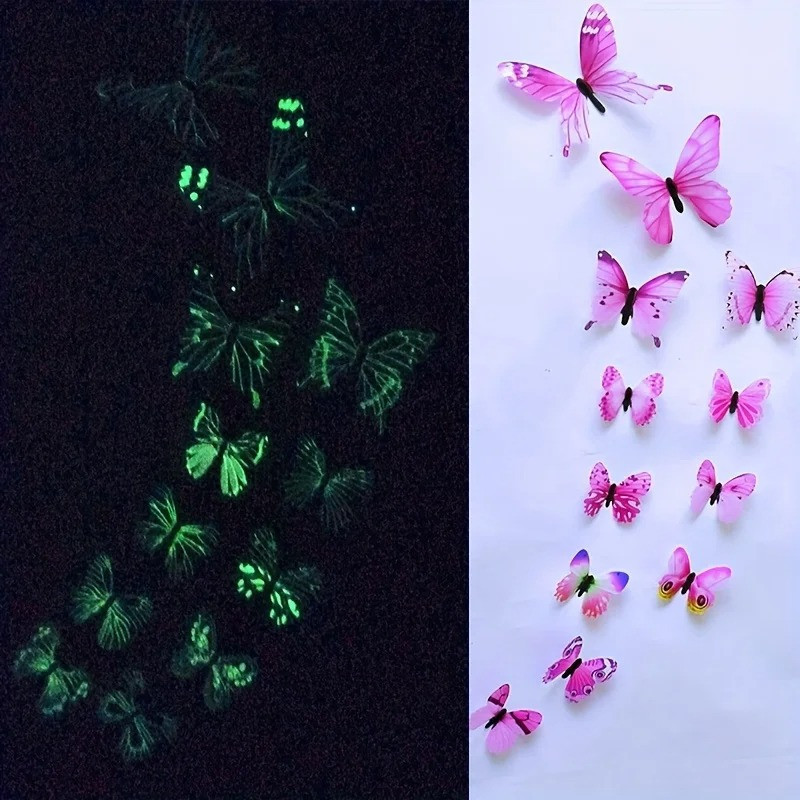 Autocollant Mural Papillon 3D Fluorescents dans le noir - couleur Rose