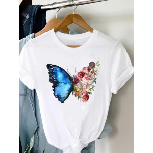 T-shirt Grand Papillon Bleu Lavis et Fleurs d'Antan couleur blanc