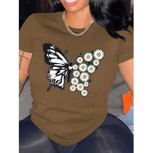 T-shirt Grand Papillon avec petites Marguerites couleur marron
