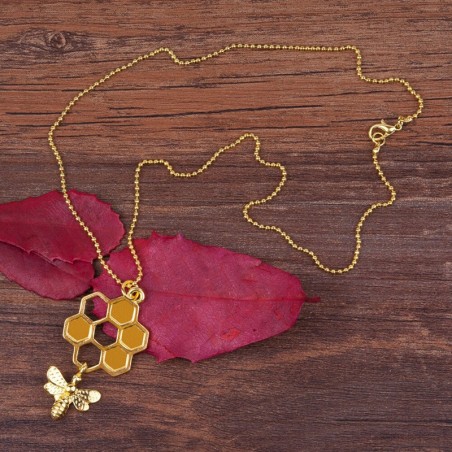 belle chaîne et pendentif couleur or en nid d'abeille
