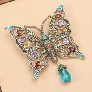 Vue de côté Broche Papillon en Émail avec Pendentif Perle