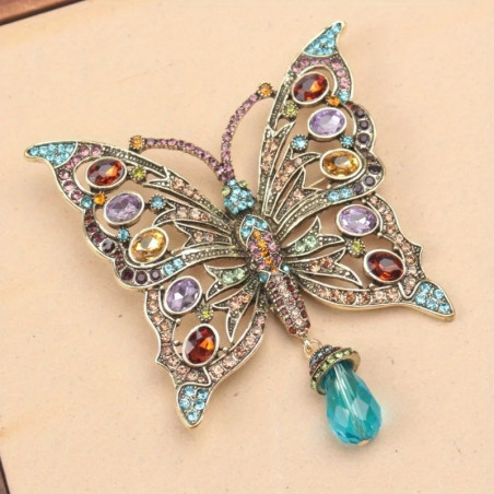 Vue de côté Broche Papillon en Émail avec Pendentif Perle