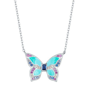 Details Collier papilion aux ailles bleues roses et vertes  en Argent Sterling 925