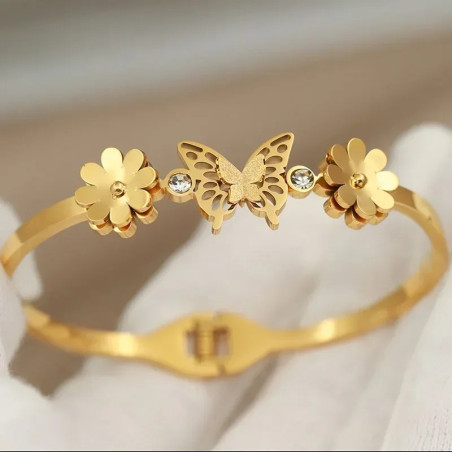 Bracelet Papillon et Fleurs Éclat Doré
