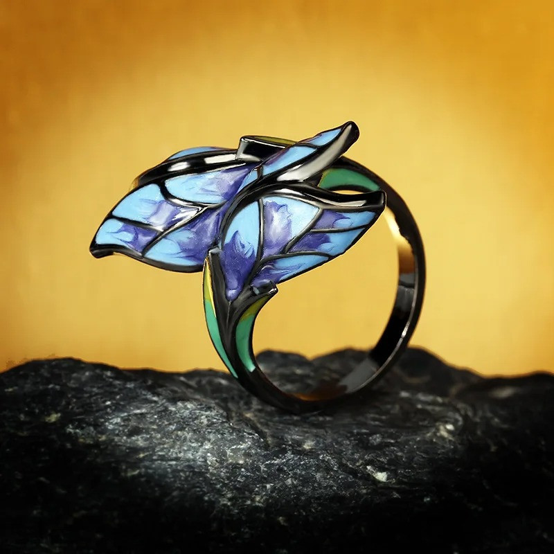 Bague Papillon Ailes Émaillées Bleu Nuit