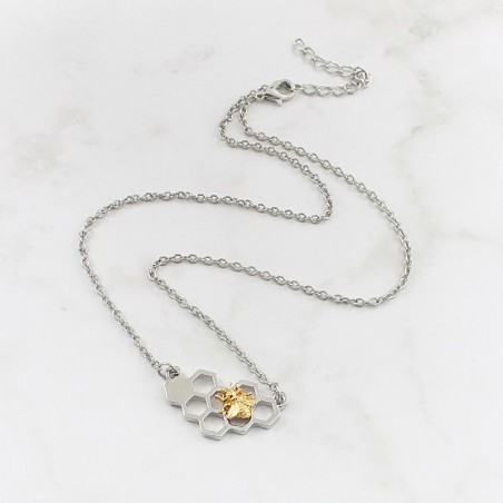 Collier pendentif nid d'abeille argenté avec abeille dorée