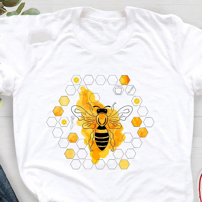 Bienen T-Shirt Damen mit Honigwaben-Druck aus Baumwolle