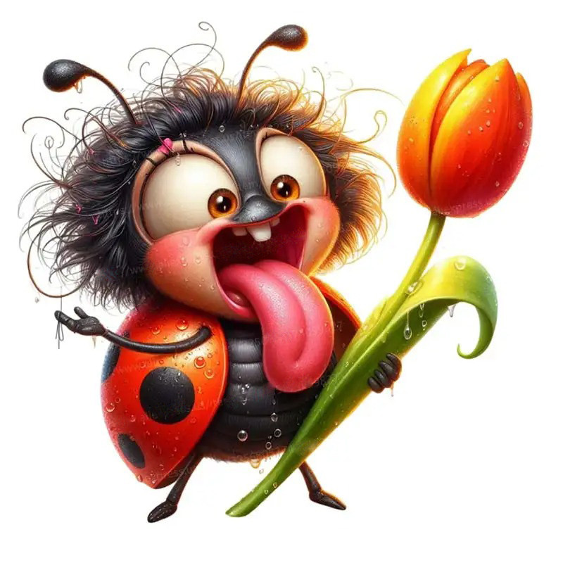 Lustiger Marienkäfer Aufkleber mit Tulpe | Süße Geschenkidee