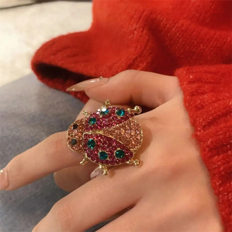 Marienkäfer Ring mit Strass in Pink & Türkis | Fröhliches Funkeln