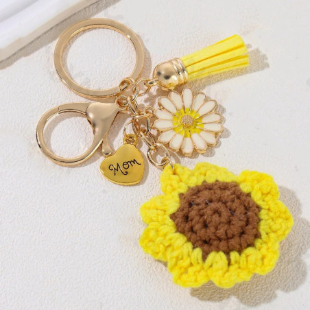 Schlüsselanhänger Mama Sonnenblume – Gehäkelt & Goldenes Herz