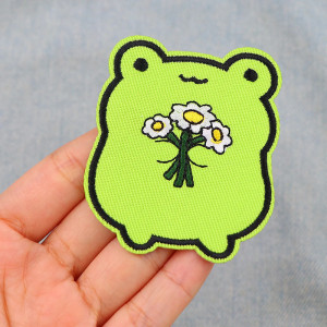 Süßer Frosch Aufnäher mit Blumen | Patch zum Aufbügeln