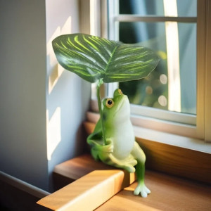 Frosch Statue mit tropischem Blatt – Zen Natur Deko