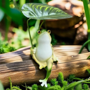 Frosch Statue mit tropischem Blatt – Zen Natur Deko