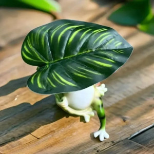 Frosch Statue mit tropischem Blatt – Zen Natur Deko