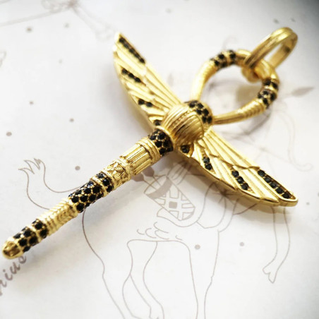 Ankh-Anhänger mit Skarabäus Gold | 925 Silber & schwarze Steine